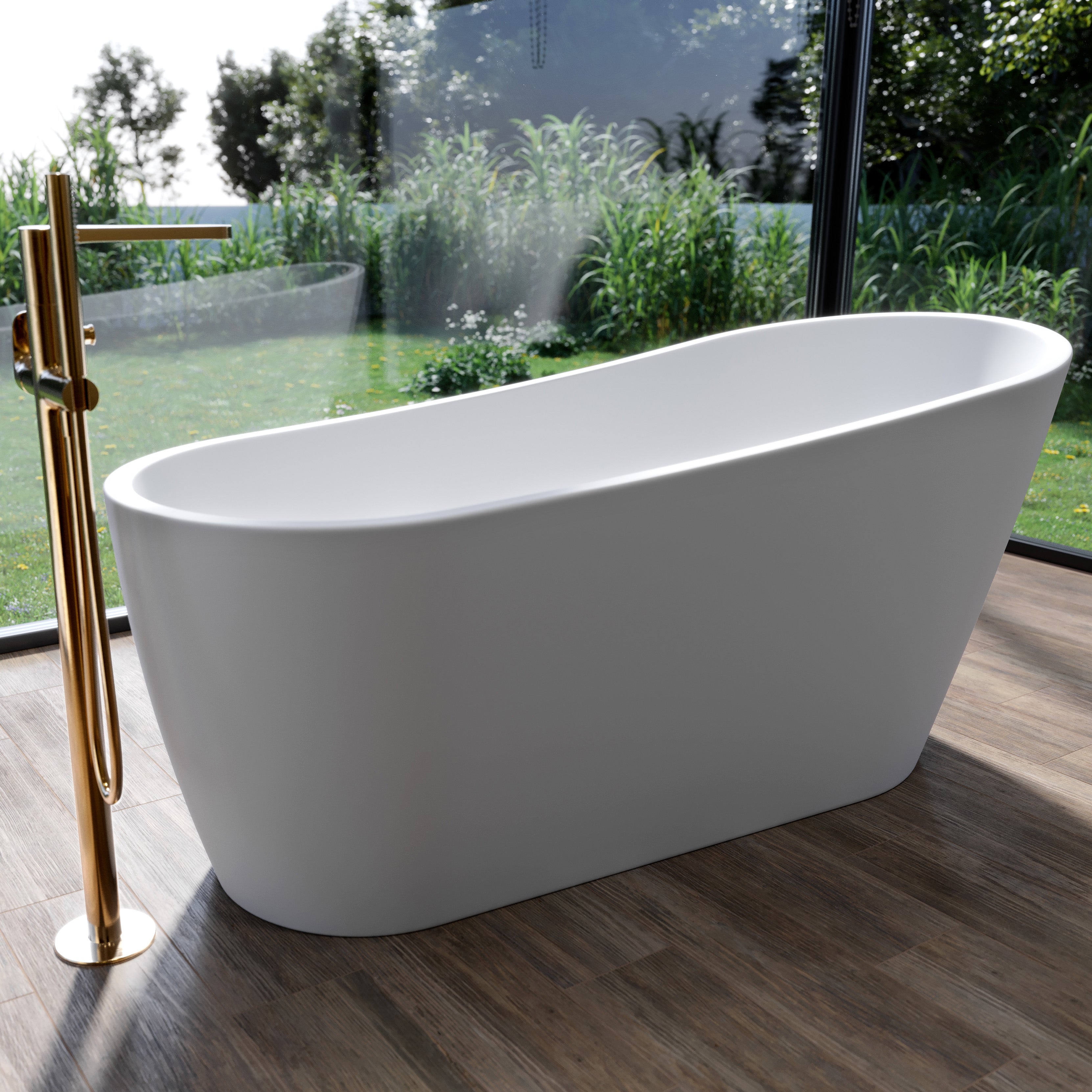 Freistehende Acryl-Badewanne Zen Oval 167×72×45 cm in Weiß glänzend – minimalistisches Design