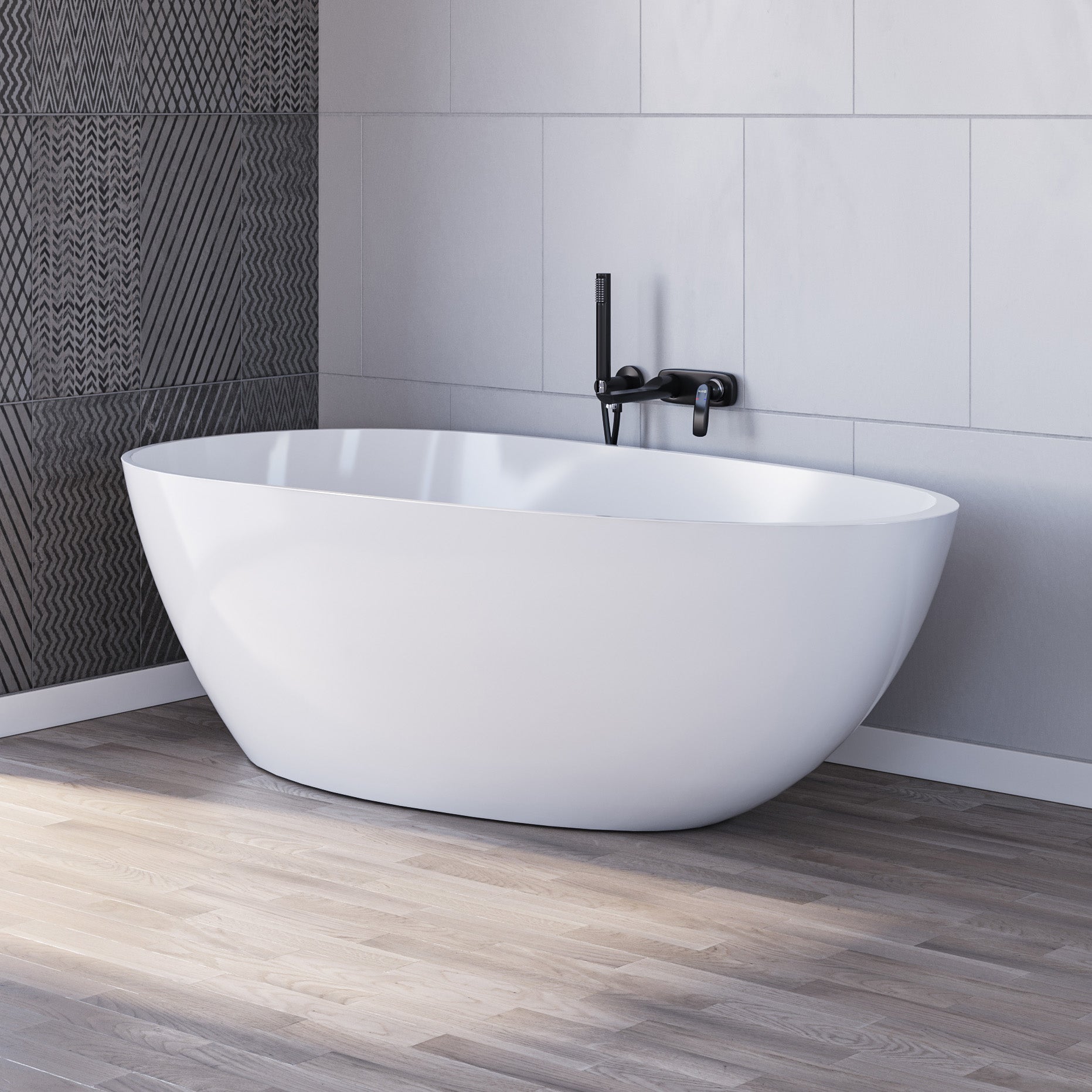 Freistehende Mineralguss-Badewanne Aron 185×85×58 cm in Weiß – modernes Design