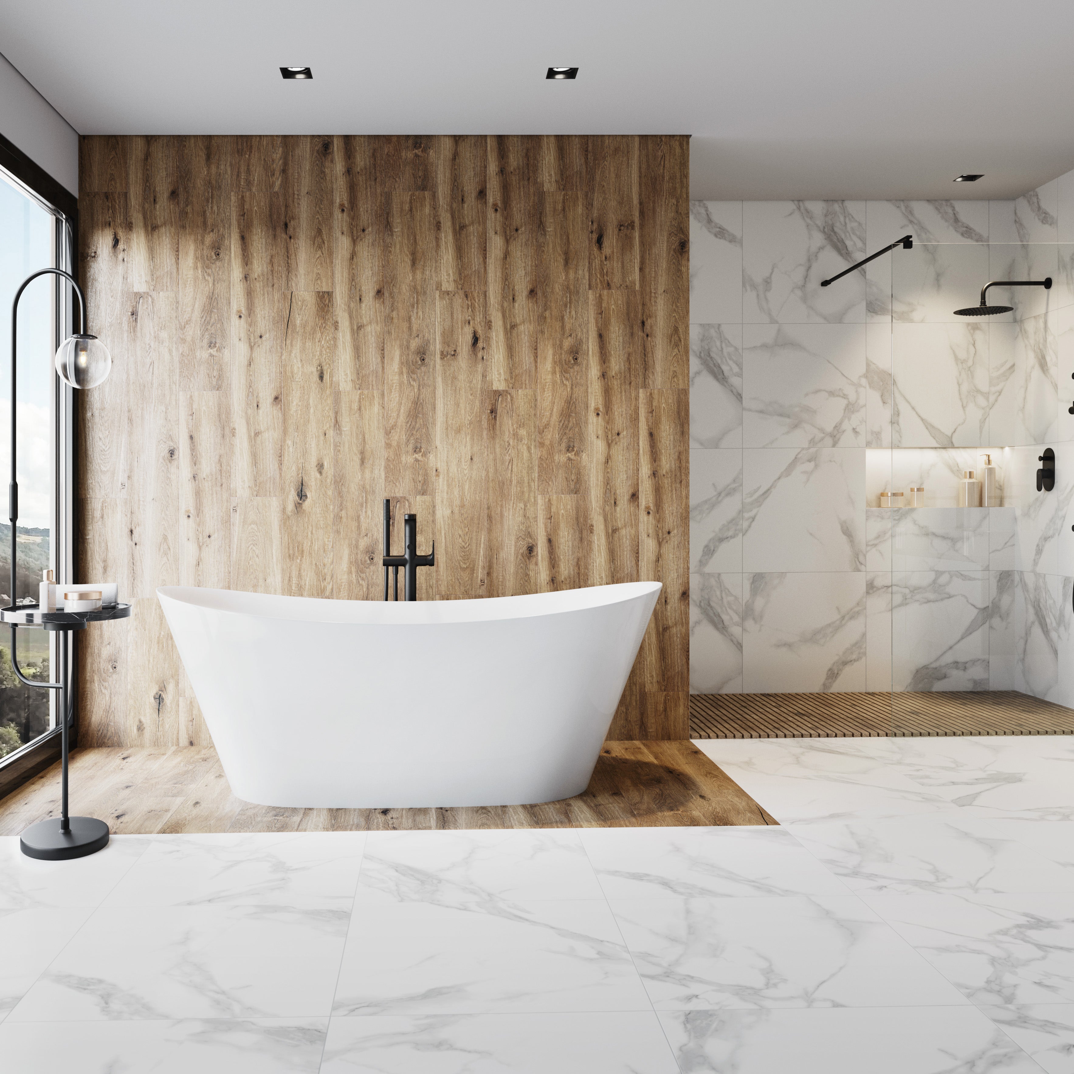 Seitenansicht der freistehenden Orbit Oval Badewanne – ergonomische Rückenlehne, oval