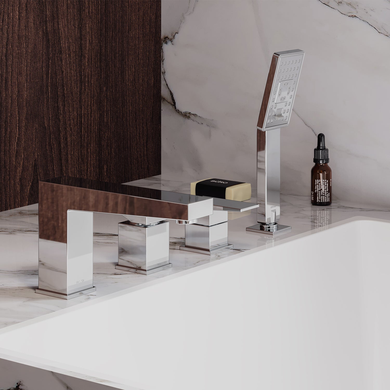 FRESH 4-Loch Wannenrandarmatur aus Messing mit Handbrause in Chrom poliert