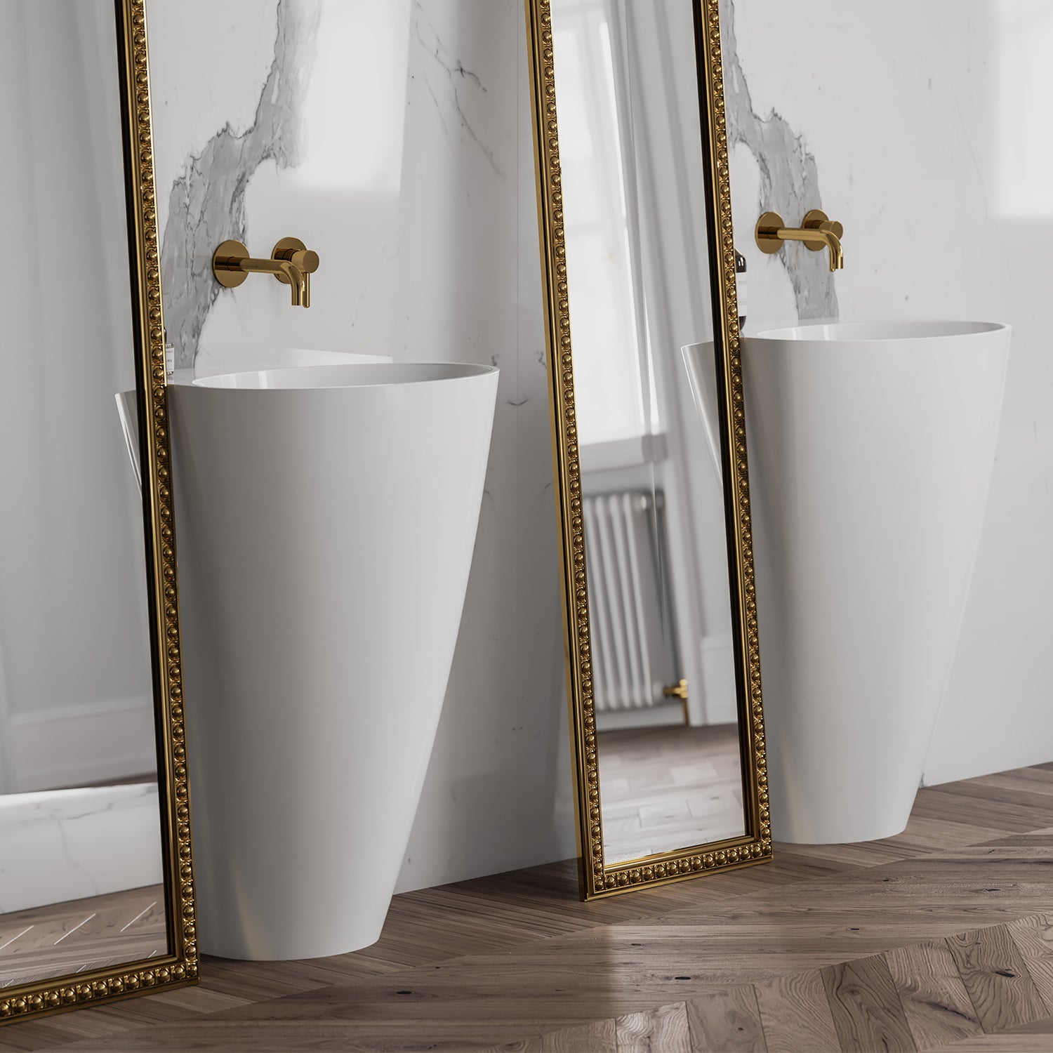 Design-Standwaschbecken SIENA M+ mit schräger Rückwand für wandnahe Platzierung