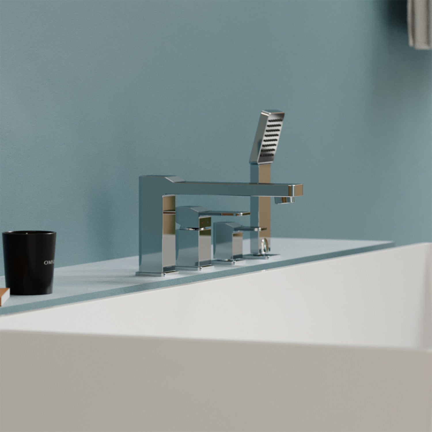 4-Loch Wannenrandarmatur SLIDE aus Messing mit Handbrause in Chrom poliert