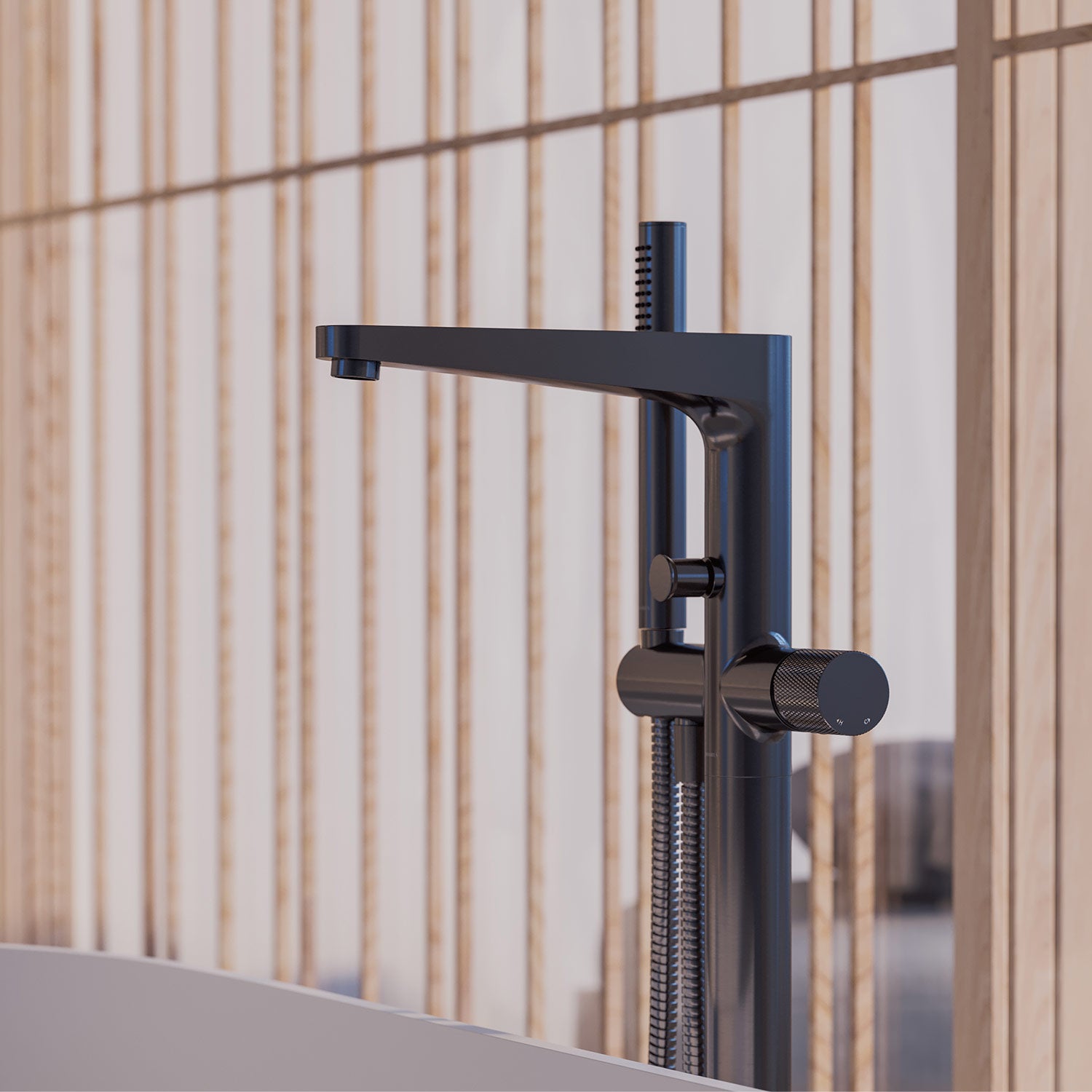 Freistehende Badewannenarmatur CONTOUR aus Messing in Anthrazit mit Handbrause