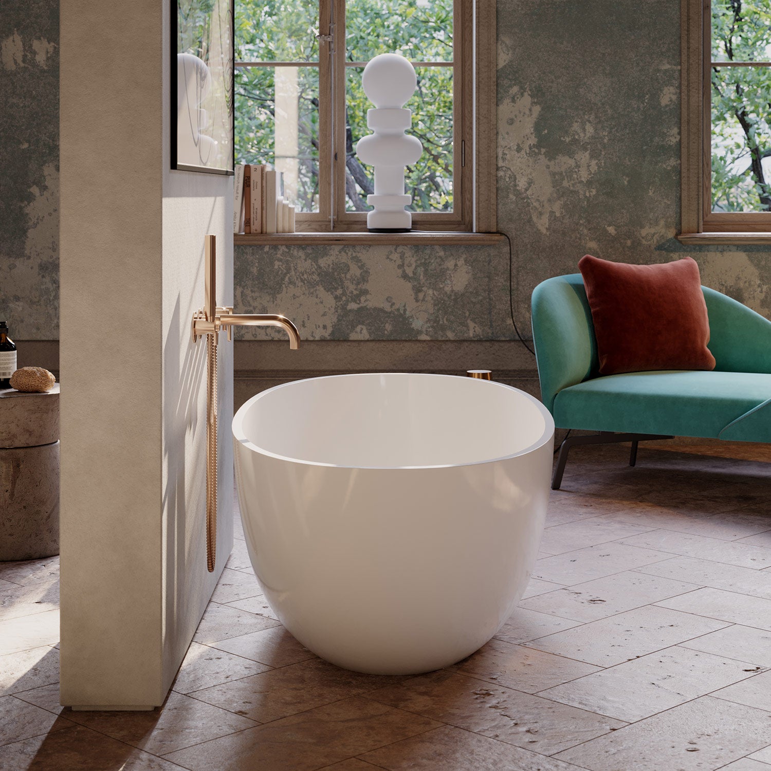 Seitenansicht Shell M+ Badewanne mit ergonomischer Rückenlehne – ovales Wellnesserlebnis