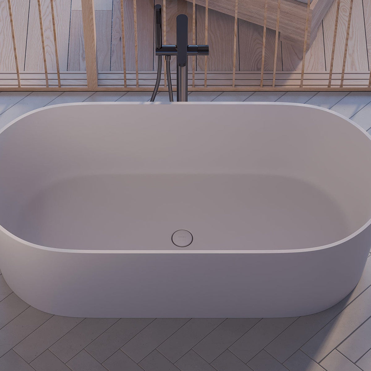 Freistehende Mineralguss-Badewanne OVO M+ oval – minimalistisches Design