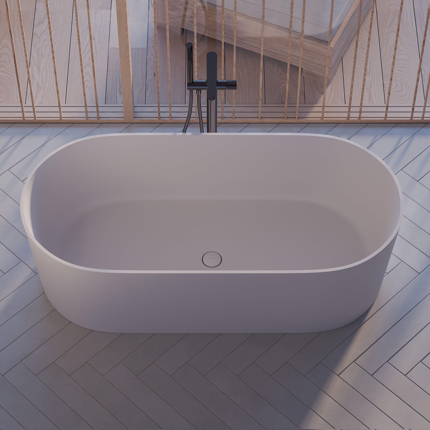 Freistehende Mineralguss-Badewanne OVO M+ oval – minimalistisches Design