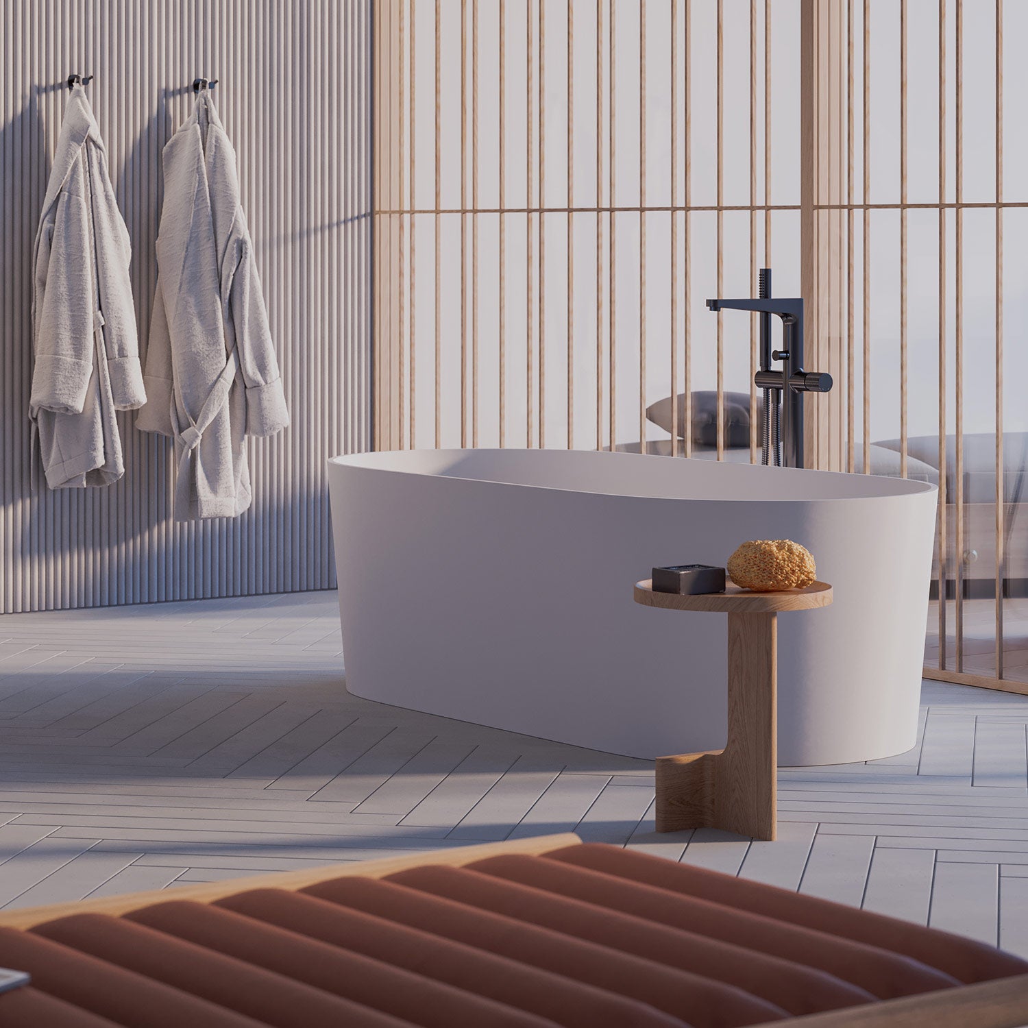 Seitenansicht der OVO M+ Badewanne mit mittigem Ablauf