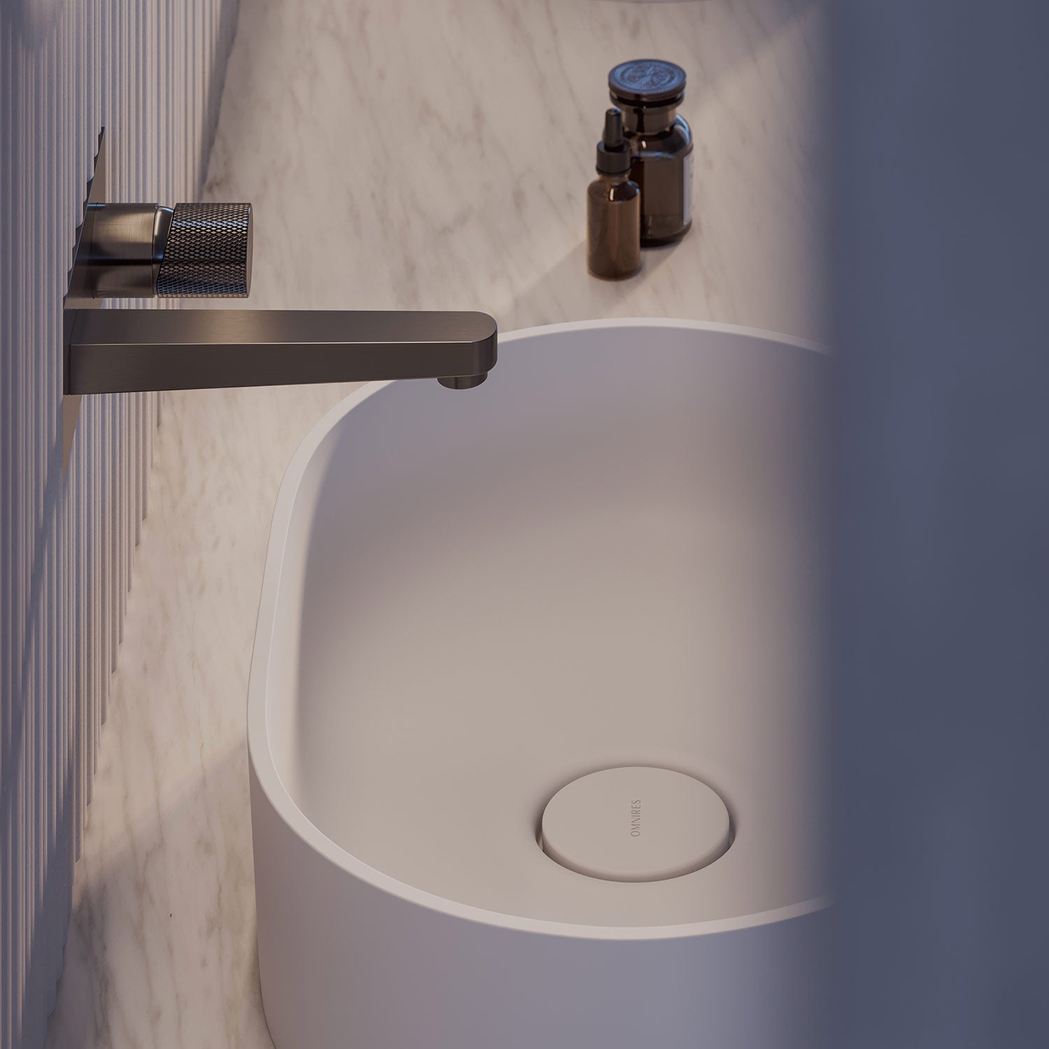 Mineralguss-Waschbecken OVO M+ mit integriertem Pop-up-Verschluss – stilvolles Aufsatzwaschbecken für moderne Waschtische