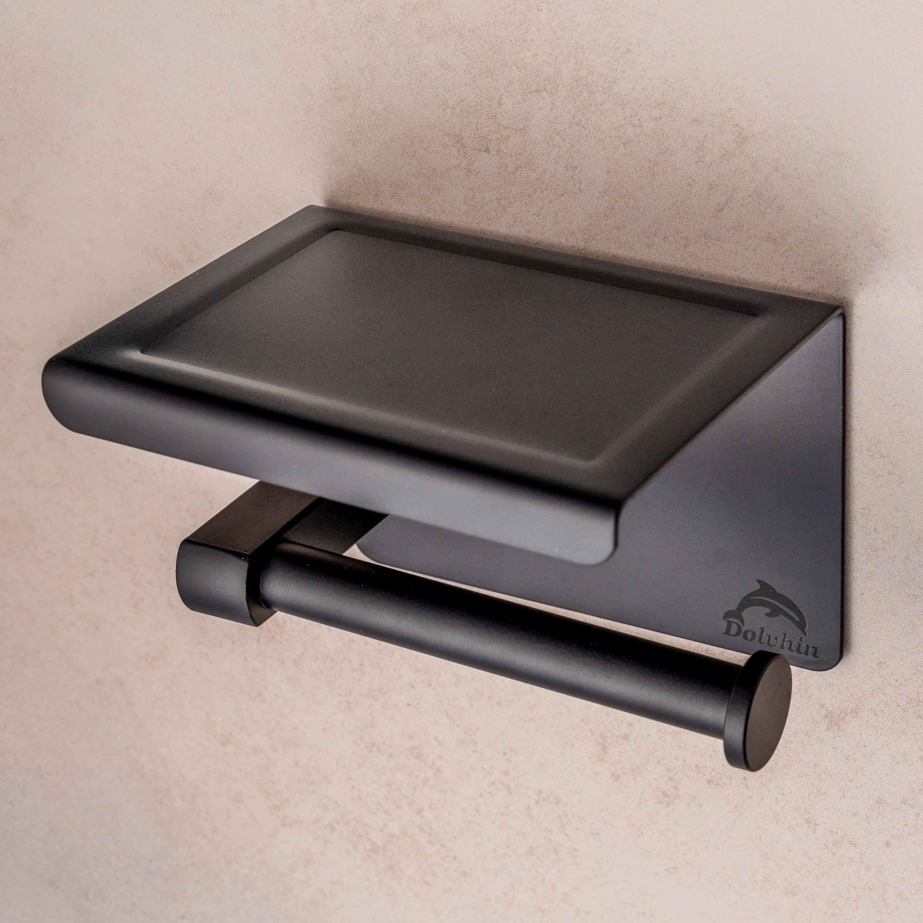 Toilettenpapierhalter ohne Bohren Matt schwarz mit Ablage für Handy und Feuchttücher