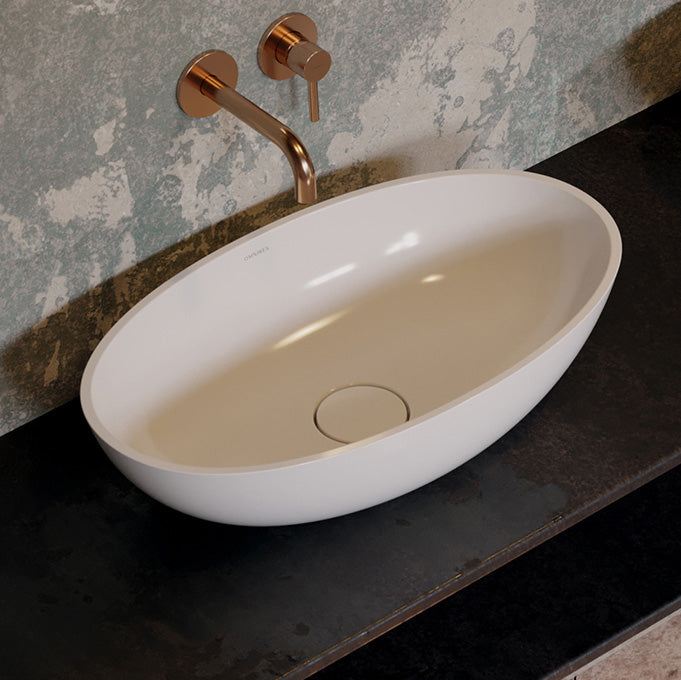 Ovales Aufsatzwaschbecken SHELL M+ aus Mineralguss in Weiß glänzend – modernes Design für stilvolle Bäder